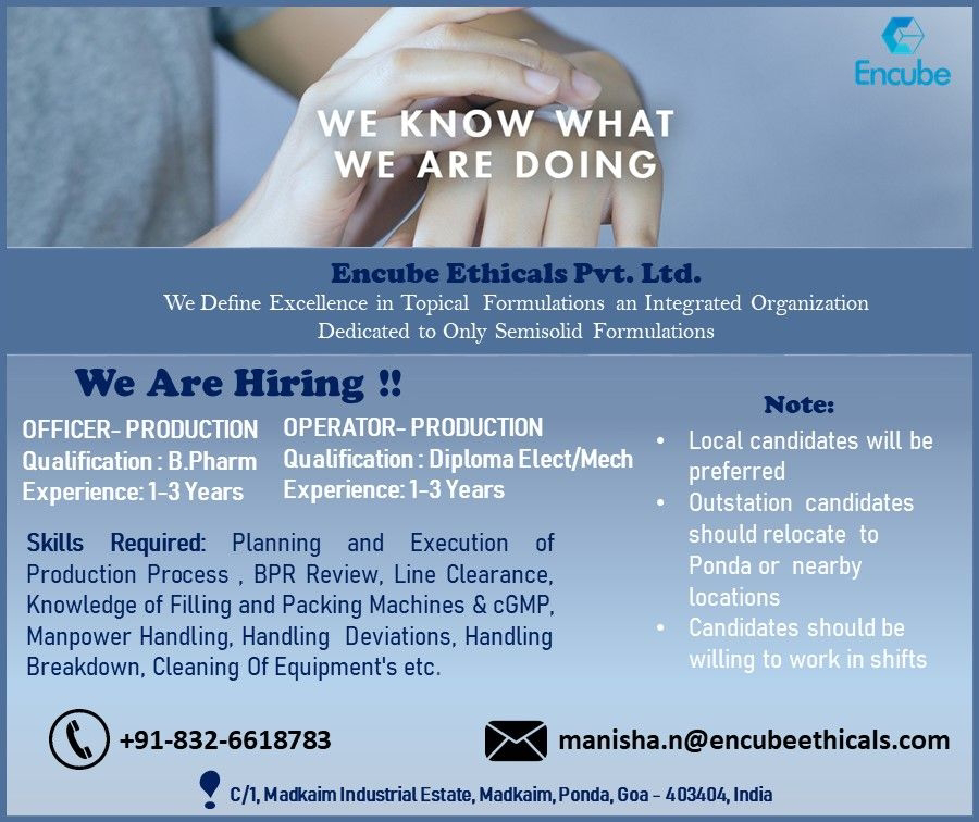 Job Availables, Encube Ethicals Pvt Ltd Job Vacancy For B Pharm/ Diploma In Electrical/ Mechanical