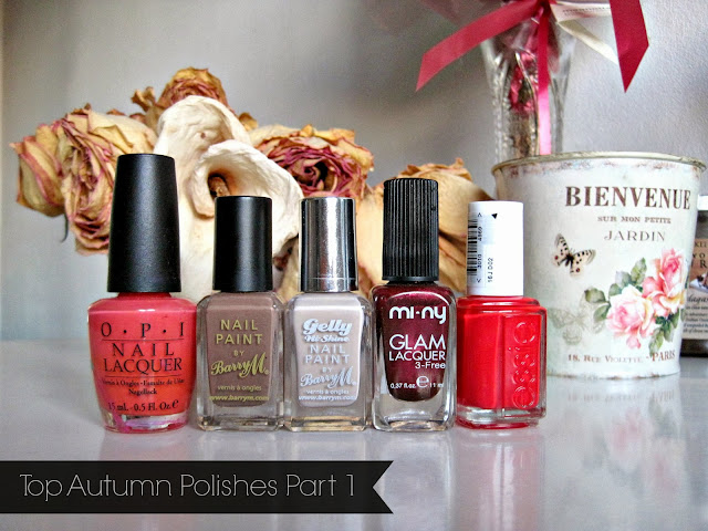 OPI - Hot and Spicy Barry M - Mushroom Barry M Gelly - Lychee Mi Ny - Forever Young Essie - Hip-Anema