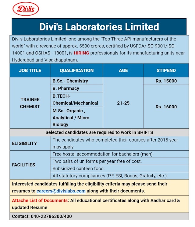 Divi's laboratories | Recruitment for Freshers at Hyd/Vizag | Send CV