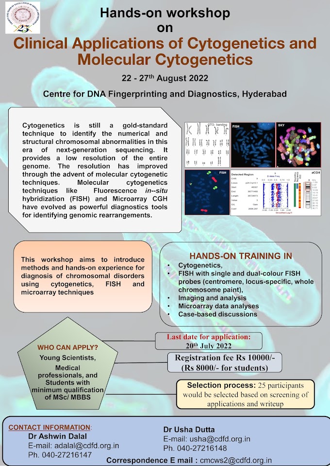 CDFD Hands-on Workshop on Clinical Applications of Cytogenetics and Molecular Cytogenetics | 22-27th, August 2022