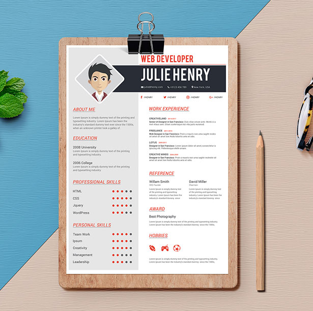 Template Resume CV 2018 - Free Professional Resume CV Template in Photoshop & Word for web developer