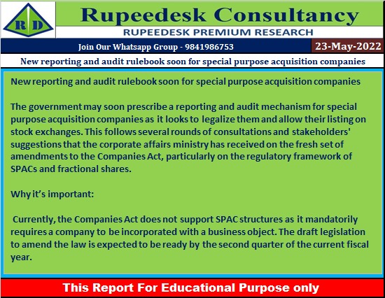 New reporting and audit rulebook soon for special purpose acquisition companies - Rupeedesk Reports - 23.05.2022