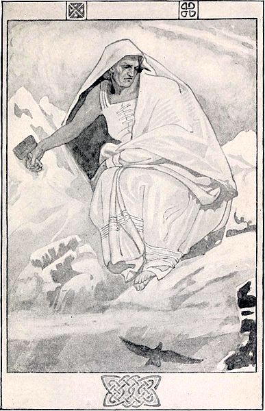 drawing of a fierce-looking older woman at a great height, with a hammer in her hand; a bird flies below
