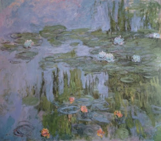 image of Monet water lilies painting with pink and blue flowers