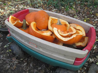 wagon full of cut up pumpkins