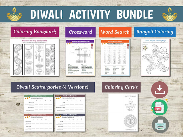 diwali activities for kids and family, diwali coloring, word search, scattergories