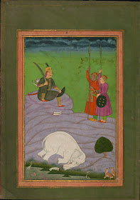 Indian manuscript miniature - music visualisation featuring killed white elephant with tusks removed