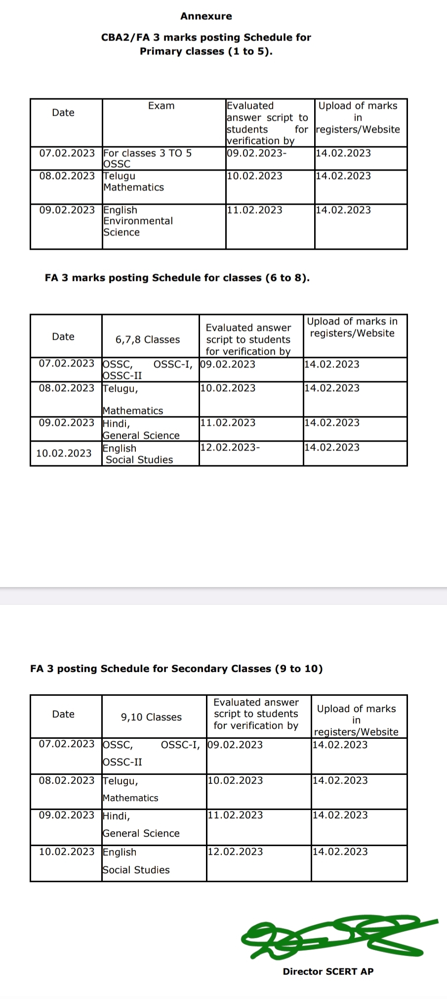 AP SCERT - FA3 MARKS Online Uploading Schedule