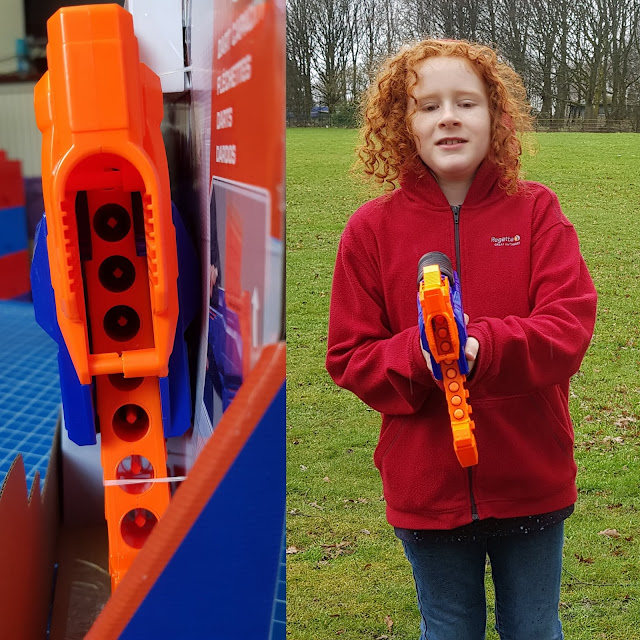 Nerf rukkus blaster showing dart reload cartridge 