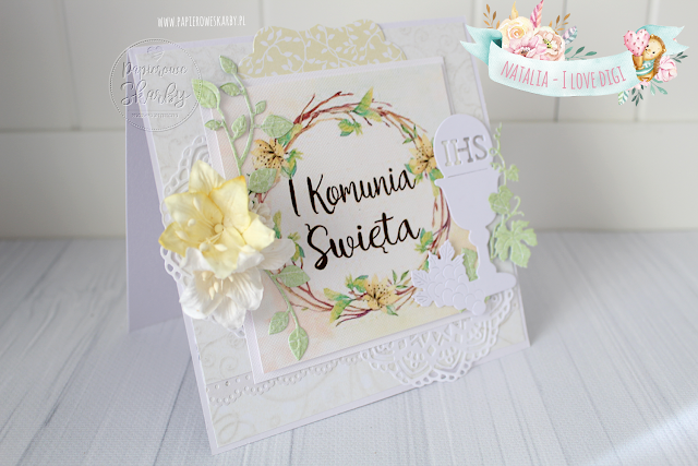 kartka kartki okolicznościowa handmade rękodzieło ręcznie robiona scrapbooking pierwsza komunia świąta komunijne gratulacyjna wiosenna pastelowa papierowe kawiaty kielich hostia i love digi papierowe skarby