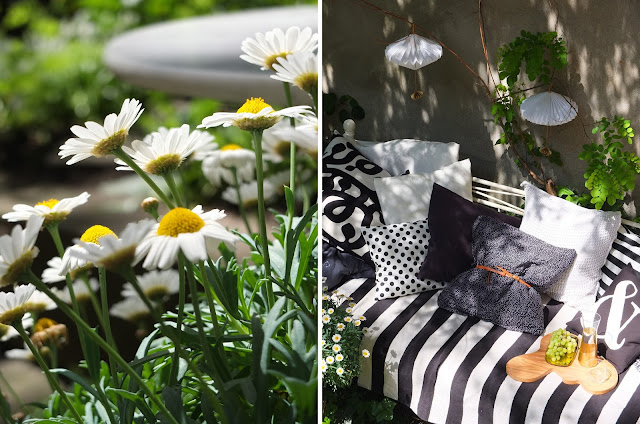 Pfingstbett, Gartenbett, Eisenbett, Metallbett, Outdoorbed, Tagesbett im Garten, Bett im Garten, Belgisches Viertel, Wohnen in Köln, schwarzweiß im Garten, schwarz weiß, Gartendeko, Einrichten, Streifen, Frühling, Styling, Minza will Sommer