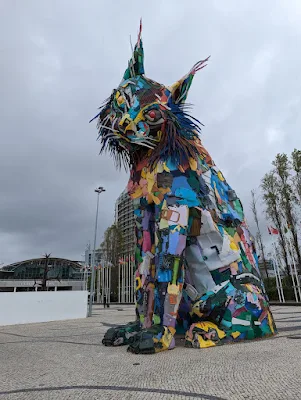 Giant sculpture of a wildcat made from plastic trash by Bordalo II in Lisbon