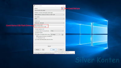 Ganti nama USB Flash Drive dan Bahasa Serta Klik Start