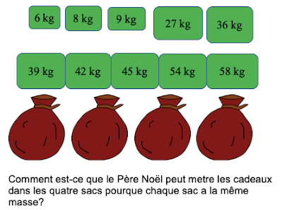 How can Santa put the presents into the four sacks so that each sack has the same mass? The presents weigh 6 kg, 8 kg, 9 kg, 27 kg, 36 kg, 39 kg, 42 kg, 45, kg, 54 kg, 58 kg.