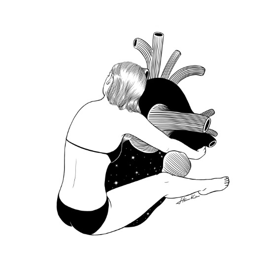 "Heavy heart" by Henn Kim | imagenes bonitas, chidas, ilustraciones imaginativas en blanco y negro, dibujos hermosos de emociones y sentimientos, amor desamor | sketch, cool stuff, drawings, black and white illustrations, deep feelings