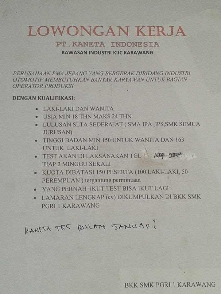 Lowongan Kerja PT Kaneta Indonesia KIIC Karawang - Berita 