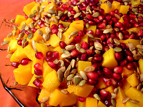 Closeup of Roasted Butternut with Pomegranate and Pumpkin Seeds