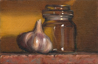 Still life oil painting of a garlic bulb beside a small glass jar.