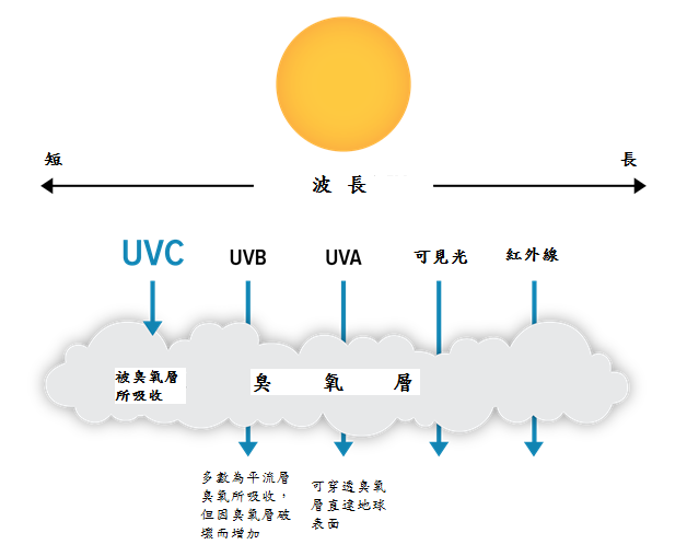 太陽是地球上所有生物的能量來源，太陽光根據波長由短而長可概分為紫外線、可見光及紅外線等，其中看不見的紫外線在通過大氣層時，由於臭氧等氣體的吸收使得到達地面的強度不致造成人類健康不良影響。