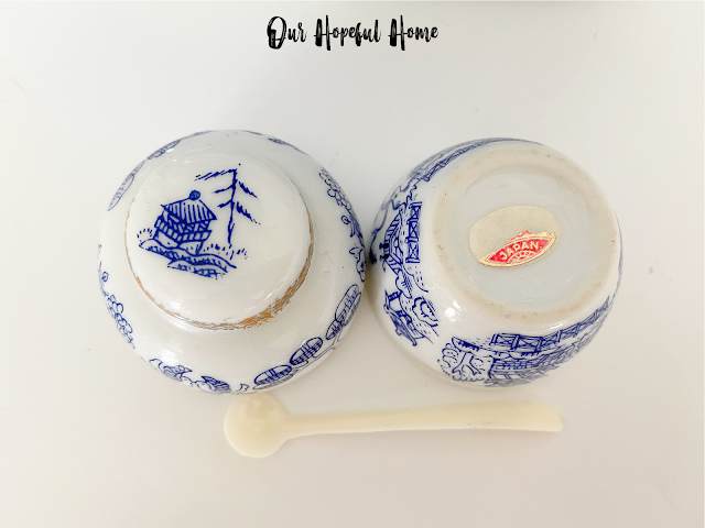 blue and white porcelain salt cellar Japan label