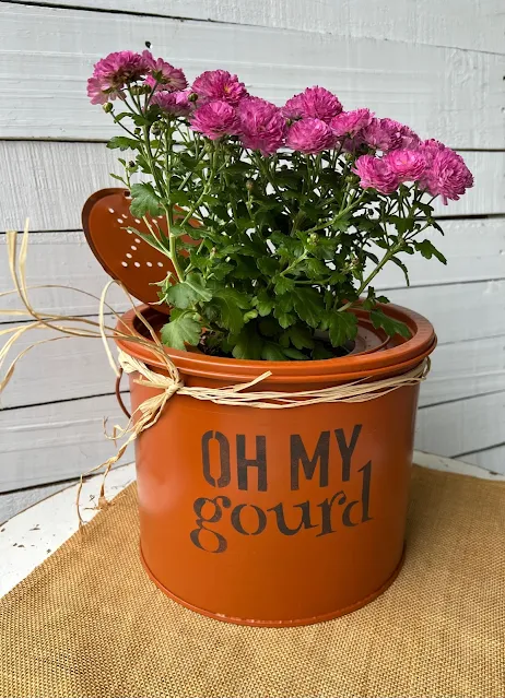 Photo of a spray painted minnow bucket repurposed as a gourd/pumpkin planter.