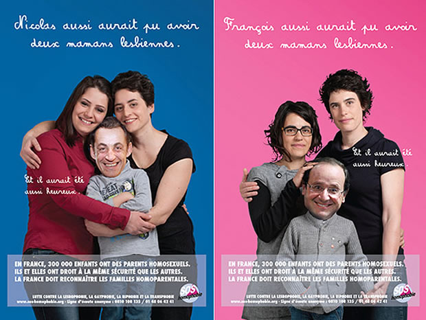 Cartaz com Nicolas Sarkozy e François Hollande representados como filhos de casais de lésbicas (Foto: Reprodução/Sos-homophobie.org)