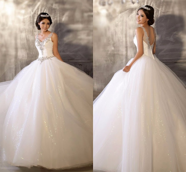 Ball-Gowns-Tulle-Cinderella-Wedding-Gown-Crystal-V-neck