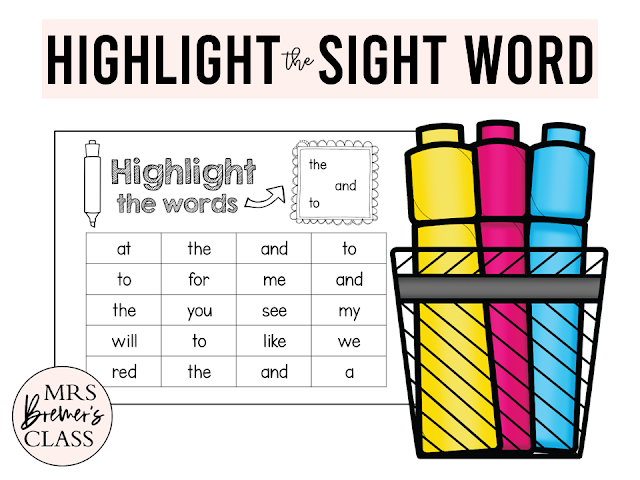 Highlight the Sight Words activity for sight word practice of Dolch first 105 sight words in order of frequency in Kindergarten and First Grade