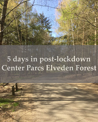 A photo of a road going through a forest with "5 days in post-lockdown Center Parcs Elveden Forest" in white text.