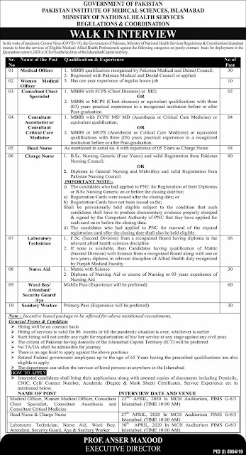 Government jobs for Pakistan Institute of Medical Sciences for 2020.