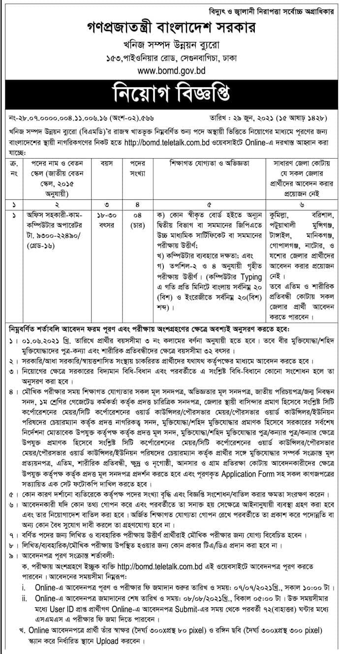 Bureau of Mineral Developmen job circular 2021