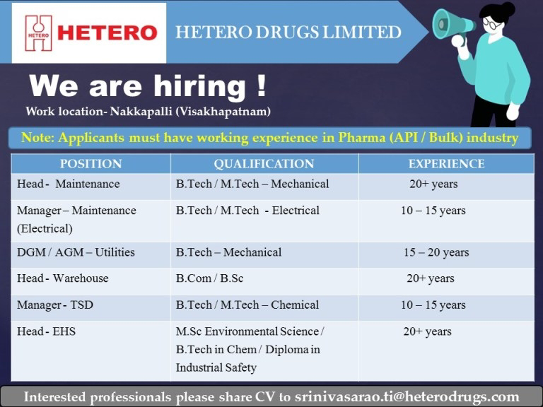 Job Availables,Hetero Drugs Limited Job Vacancy For Bsc/ MSc/ BCom/ Diploma/ B.Tech/M.Tech-Mechanical/Electrical/Chemical