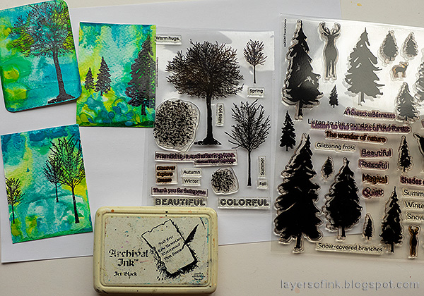 Layers of ink - Three Tree Artist Trading Cards Mixed Media Tutorial by Anna-Karin Evaldsson. With Simon Says Stamp All Seasons Tree and Forest Scenery stamp sets.