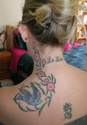 Best Bird Flower Neck Tattoo Design for Female