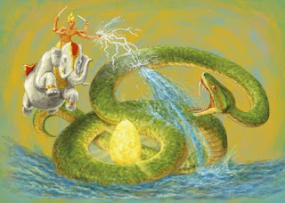 Vritasura, in the form of a Python and Lord Indra