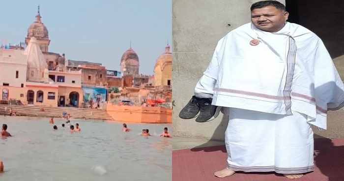 mla-neeraj-sharma-reached-ayodhya-with-shoes-in-hand