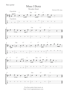 Free bass guitar tab sheet music, Muss I Denn (Wooden Heart)