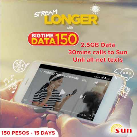 Sun Big Time Data 150 : 2.5GB Data + Unli All Net Texts + 30mins Calls to Sun for 15 Days