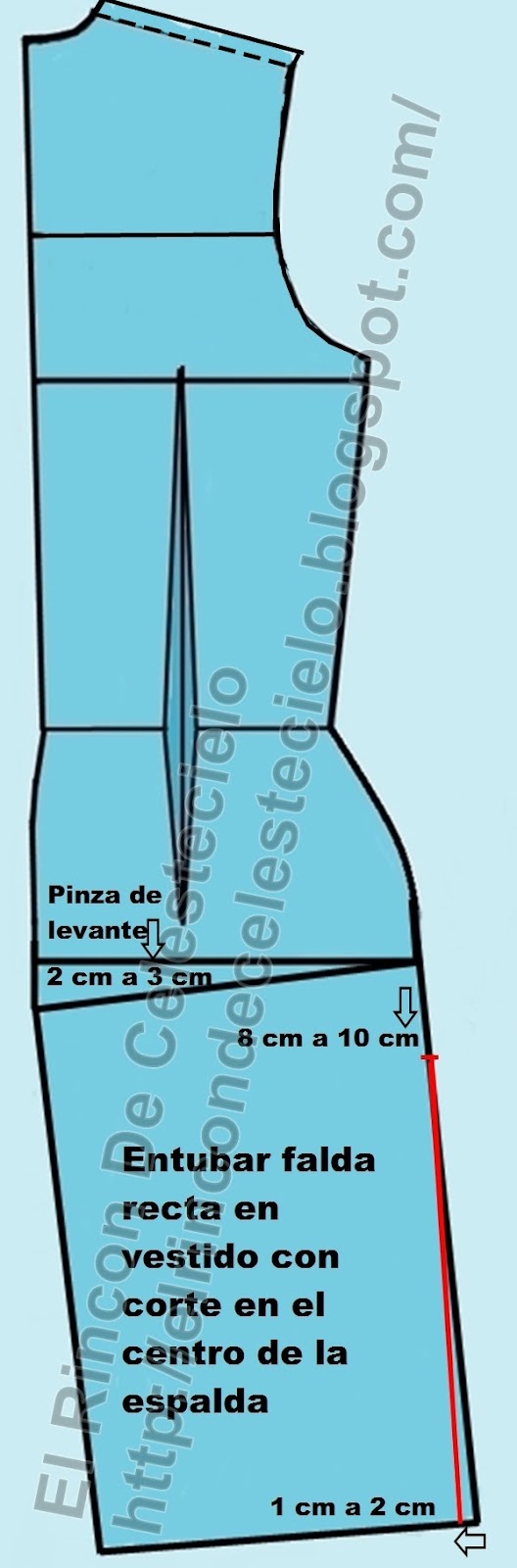 Angostando la falda de espalda de vestido con corte en el centro