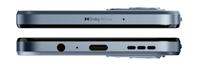 moto g53j 5Gの上面と下面。「Dolby Atmos」のロゴ、3.5mmオーディオ端子、USB Type-C端子、マイク穴、スピーカー口