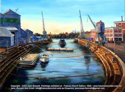 oil painting of Turbine Hall cranes and Fitzroy Dock Cockatoo Island  by artist Jane Bennett