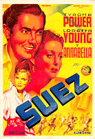 SUEZ. España: 70 x 100 cms. Firma: Josep Soligó. Imprenta: Tip. LIt. José Sabadell, Barcelona. SUEZ. Suez. 1938. Estados Unidos. Dirección: Allan Dwan. Reparto: Tyrone Power, Loretta Young, Annabella, J. Edward Bromberg, Joseph Schildkraut, Henry Stephenson, Sidney Blackmer, Maurice Moscovitch, Nigel Bruce, Sig Ruman, Miles Mander, George Zucco, Leon Ames, Rafaela Ottieano.