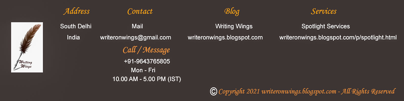 Footer | Contact Addresses | Writing Wings