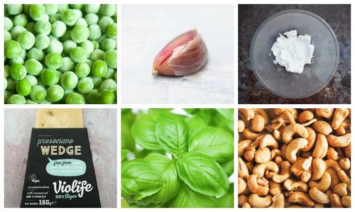 a grid of ingredients for pea pesto