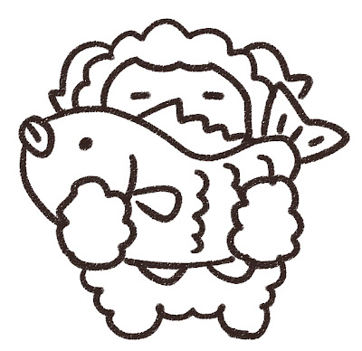 鯛を持っている羊のイラスト（未年） モノクロ線画