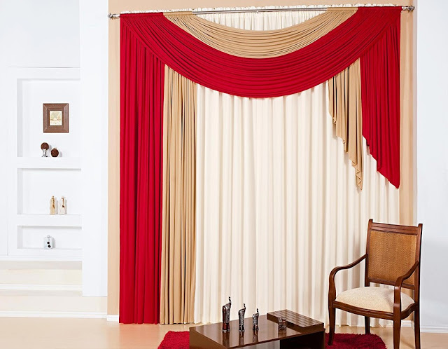 white, beige and red curtains - modern living room curtain designs