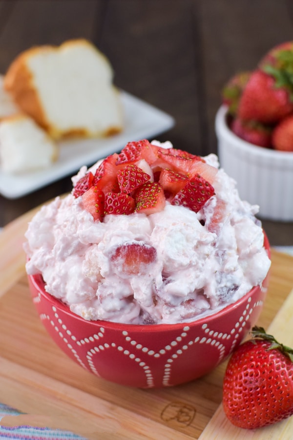 Strawberry Shortcake Fluff Salad - Fresh strawberries and angel food cake add a fun twist to this Strawberry Shortcake Fluff Salad.