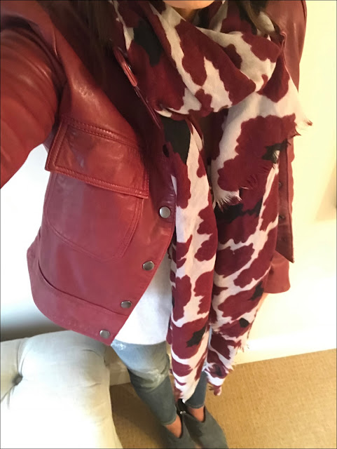 My Midlife Fashion, mango red leather jacket, mercy and delta leopard print scarf, boden cashmere relaxed jumper, zara distressed skinny jeans, hush thornton ankle boots