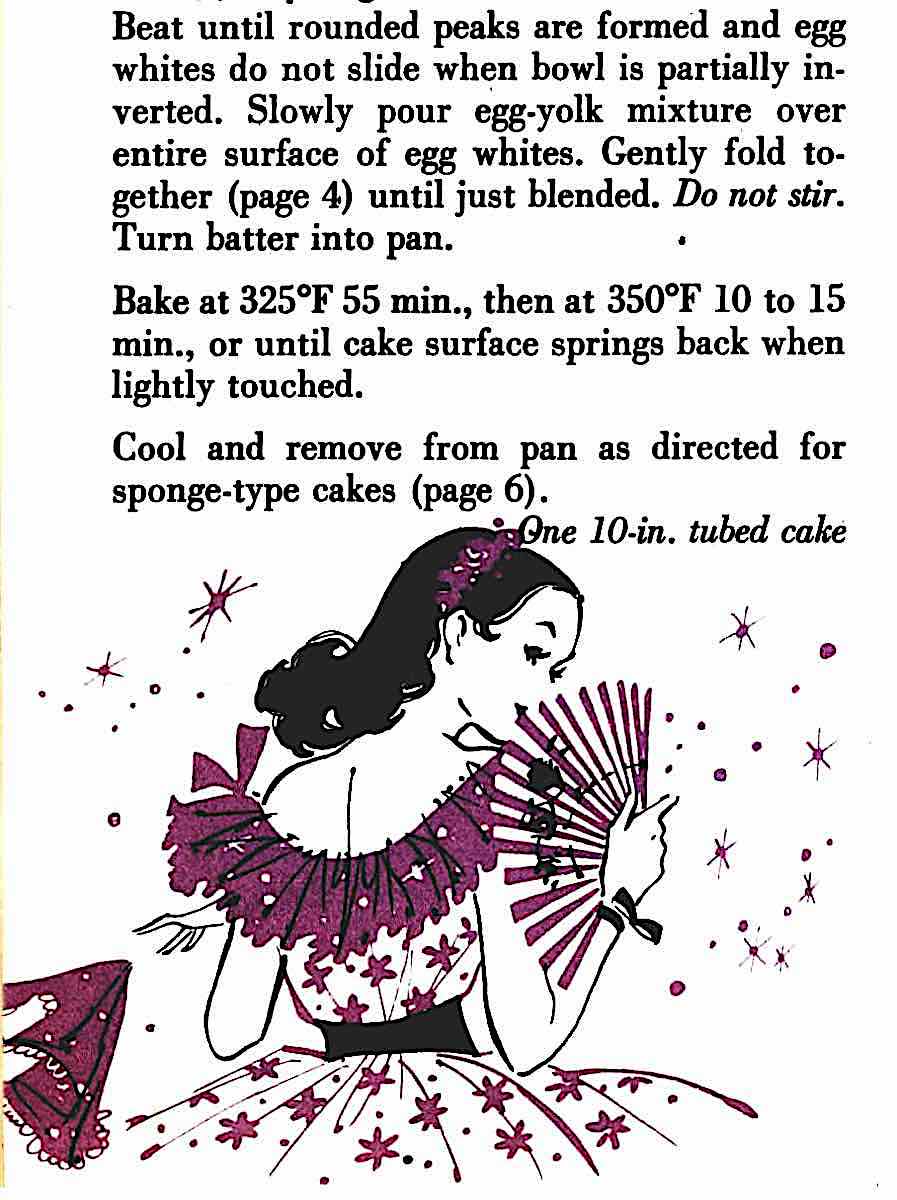 a D. Botts cook book illustration in purple and black 1957, a pretty woman with a fan and starburst twinkles