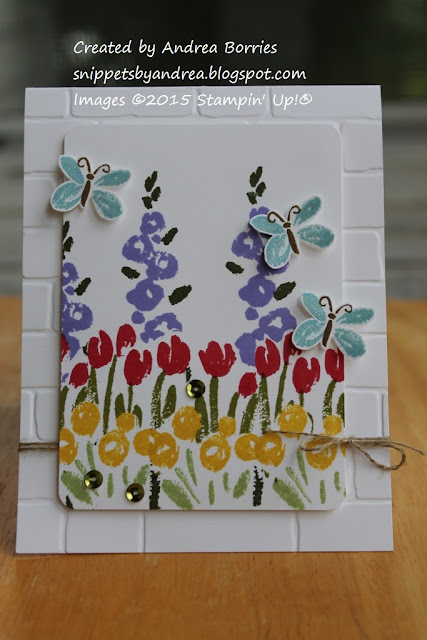 Card made with Spring Garden stamp set and Brick Wall embossing folder.